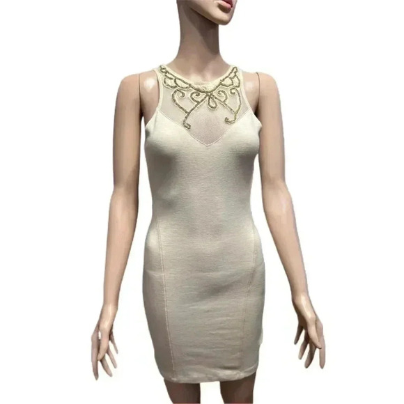 Free People XS Nude Tan Beaded Bodycon Mini Low Back Glam Dress - Picture 2 of 11